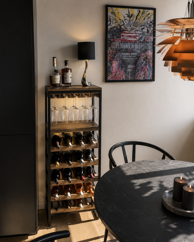 Retro Vinreol med Glasophæng – 20 Flasker